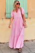 Pink Stripe V Neck Puff Short Sleeve Maxi Dress